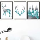 GEOMETRIC set of 3 Aqua Blue & Grey STAG Antlers and Forest Art Prints