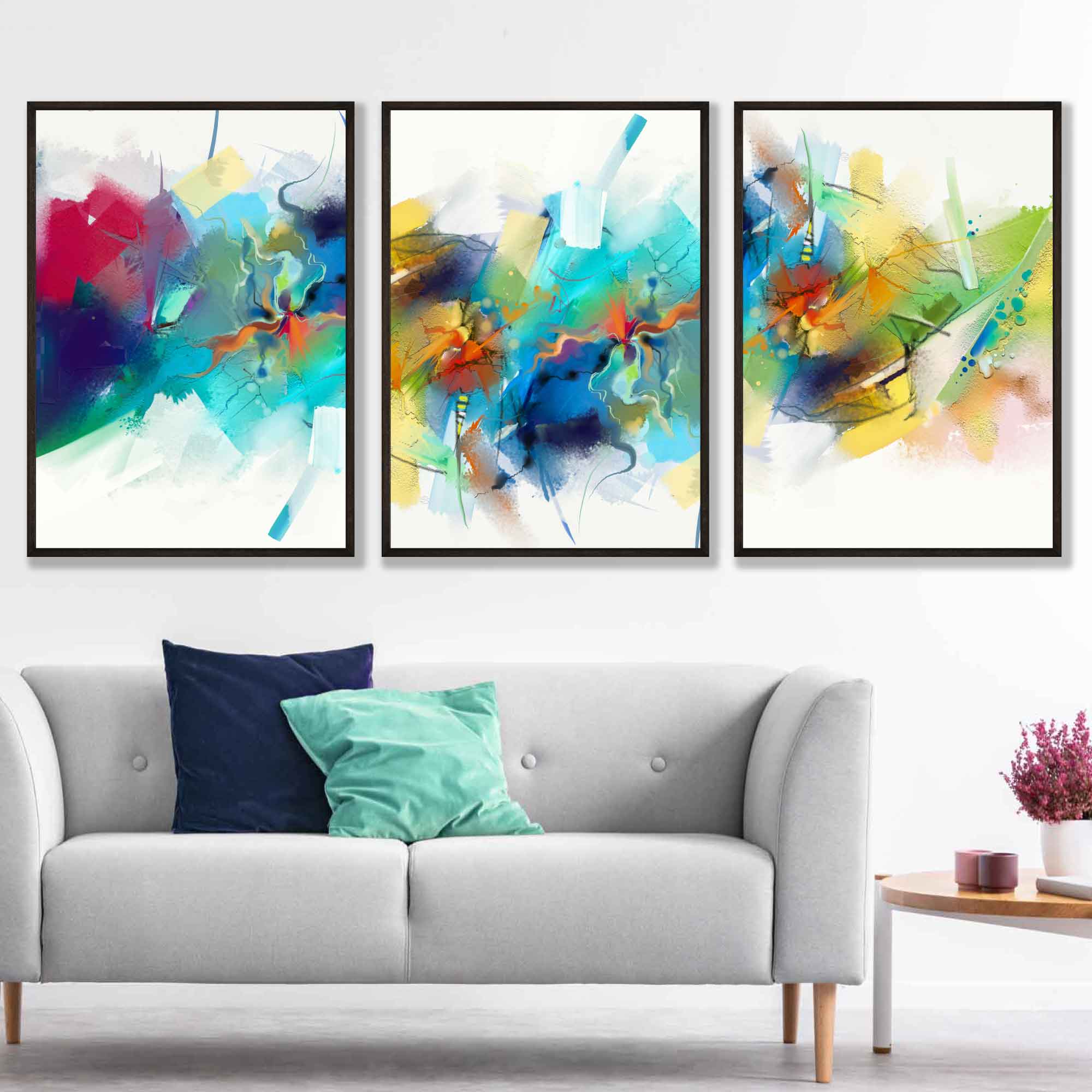 Set of 3 Abstract Multicolour Blue Pink Art Prints