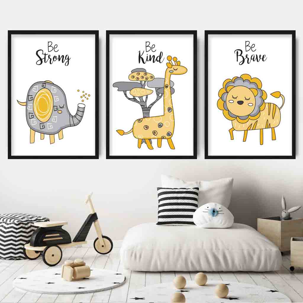 Nursery Set of 3 FRAMED JUNGLE Animals Yellow Art Prints | Artze Wall Art UK