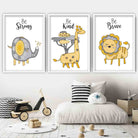 Nursery Set of 3 FRAMED JUNGLE Animals Yellow Art Prints | Artze Wall Art UK