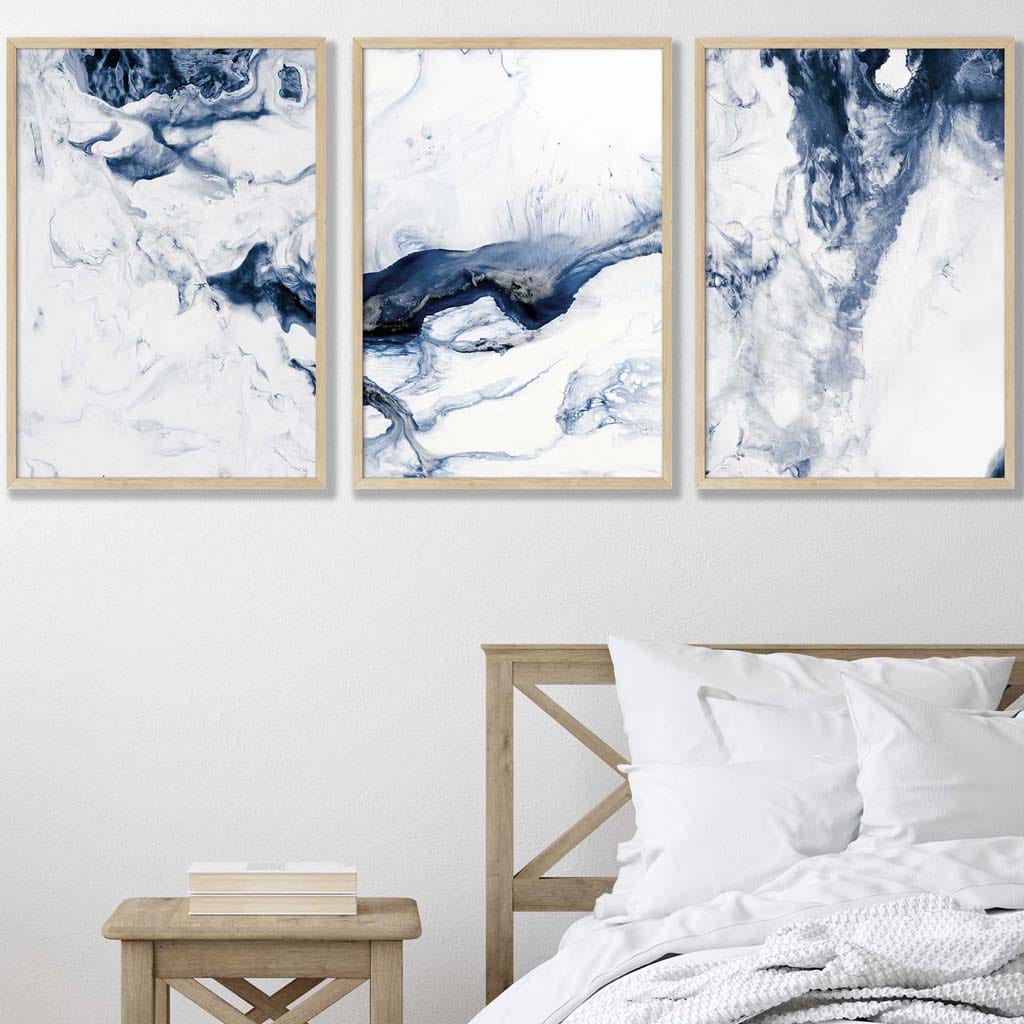 Set of 3 Navy Blue Abstract Ocean Waves Wall Art Prints