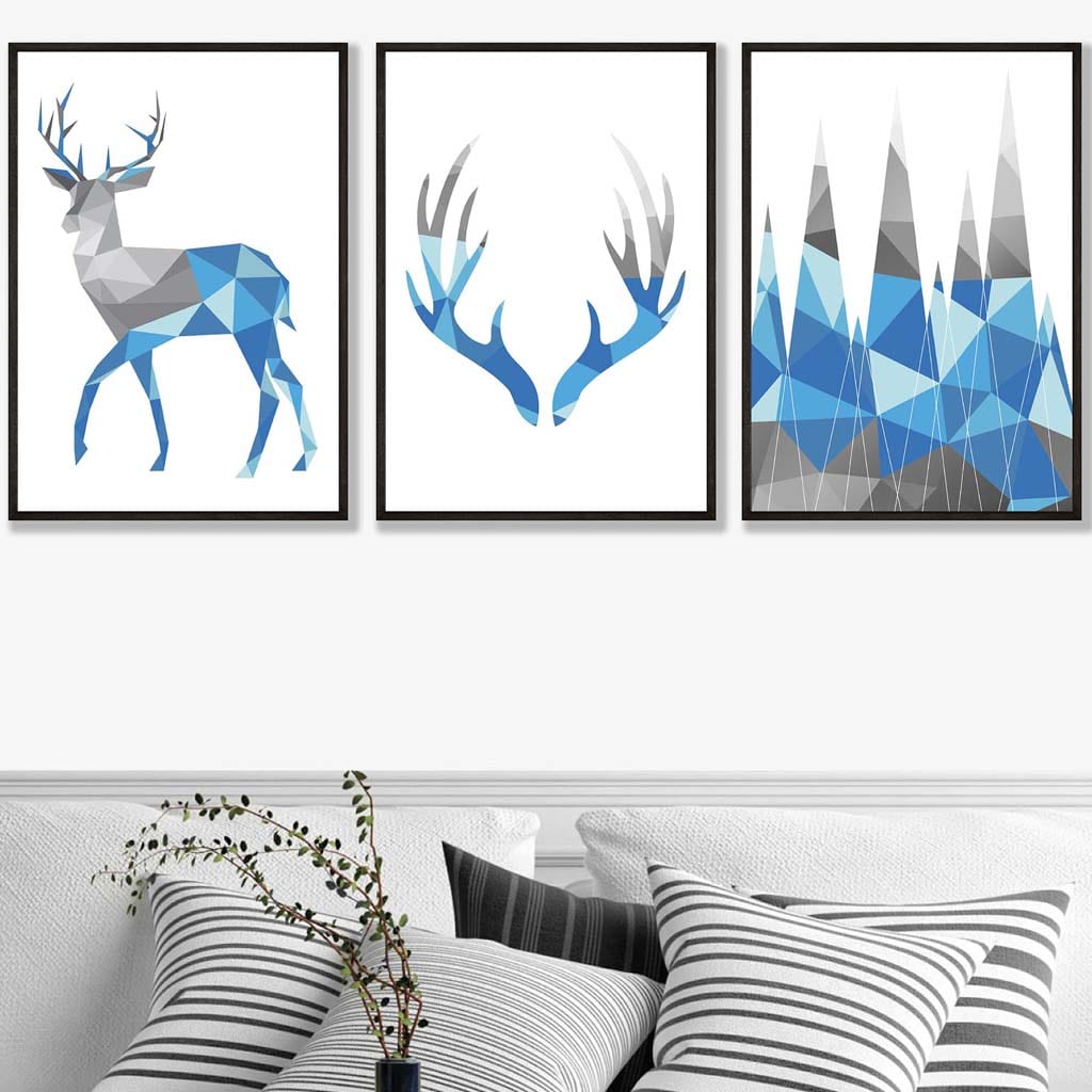 Set of 3 GEOMETRIC Bright Blue & Grey STAG Antlers and Forest Art Prints