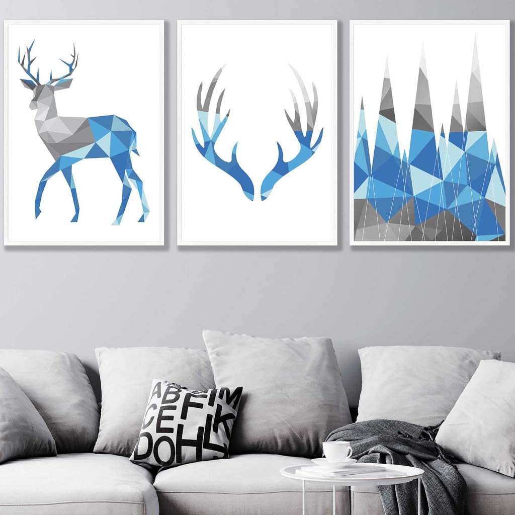 Set of 3 GEOMETRIC Bright Blue & Grey STAG Antlers and Forest Art Prints
