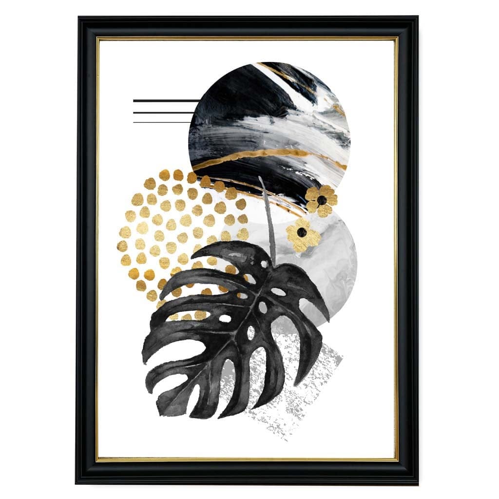 Black and Gold Abstract Leaf with Geometric Shapes Wall Art Print