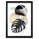 Black and Gold Abstract Leaf with Geometric Shapes Wall Art Print