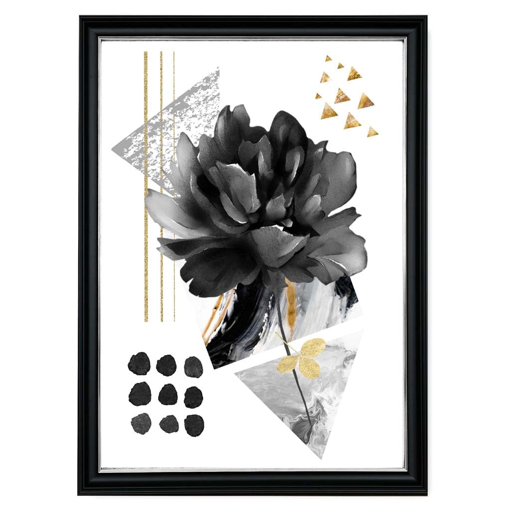 Black and Gold Abstract Flower with Geometric Shapes No 2 Wall Art Print