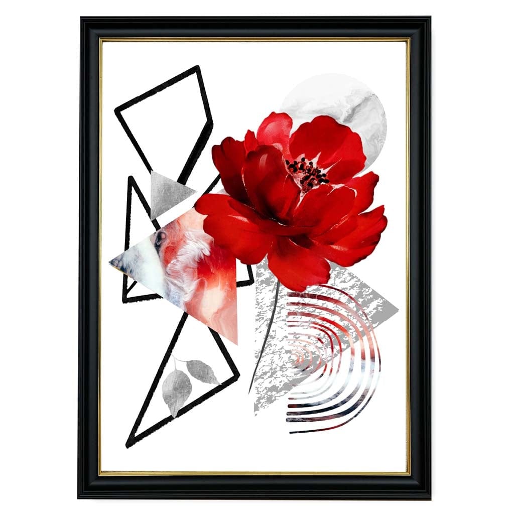Black and Red Abstract Flower with Geometric Shapes No 1 Wall Art Print