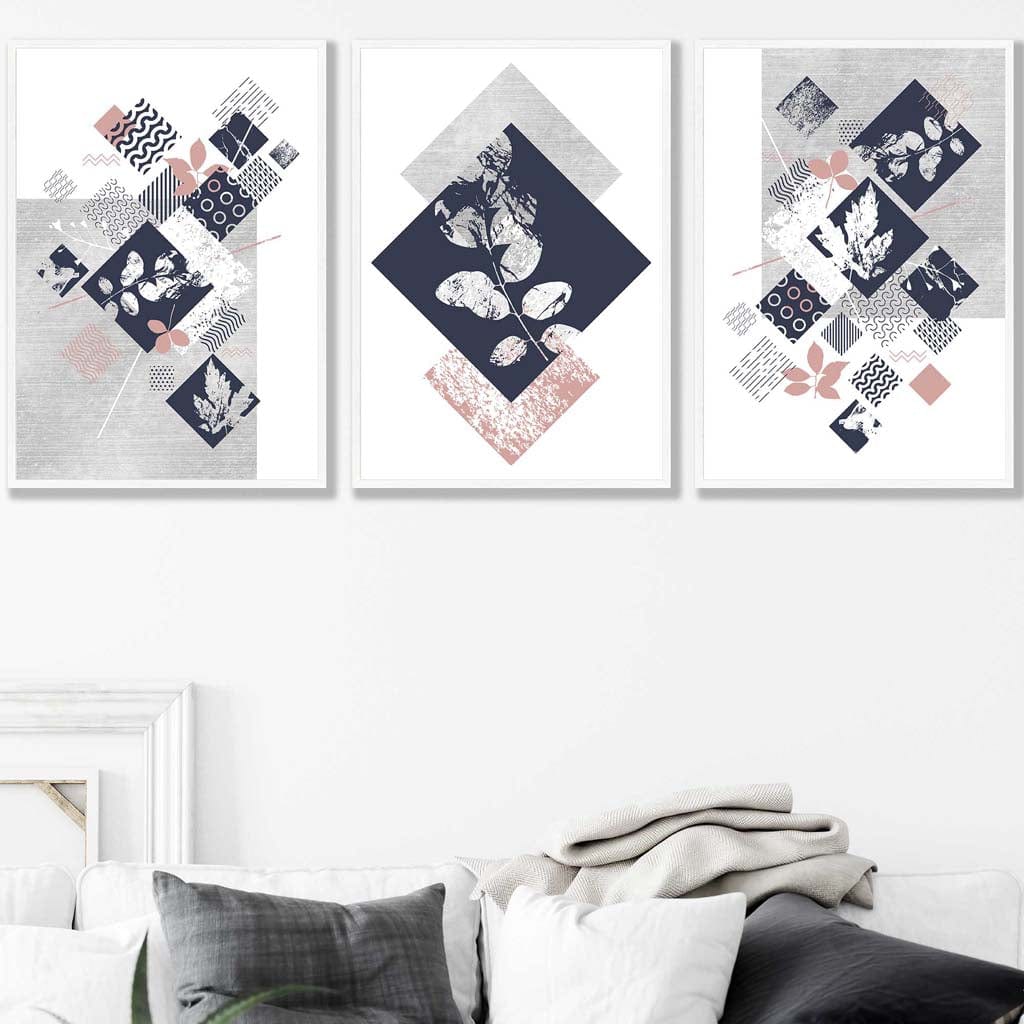 BOTANICAL Set of 3 Abstract GEOMETRIC Navy Blue and Pink Floral Prints