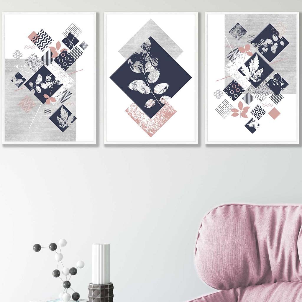 BOTANICAL Set of 3 Abstract GEOMETRIC Navy Blue and Pink Floral Prints