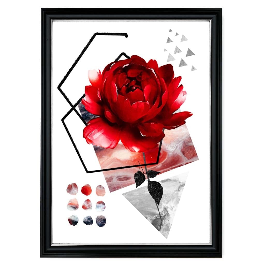 Black and Red Abstract Flower with Geometric Shapes No 2 Wall Art Print
