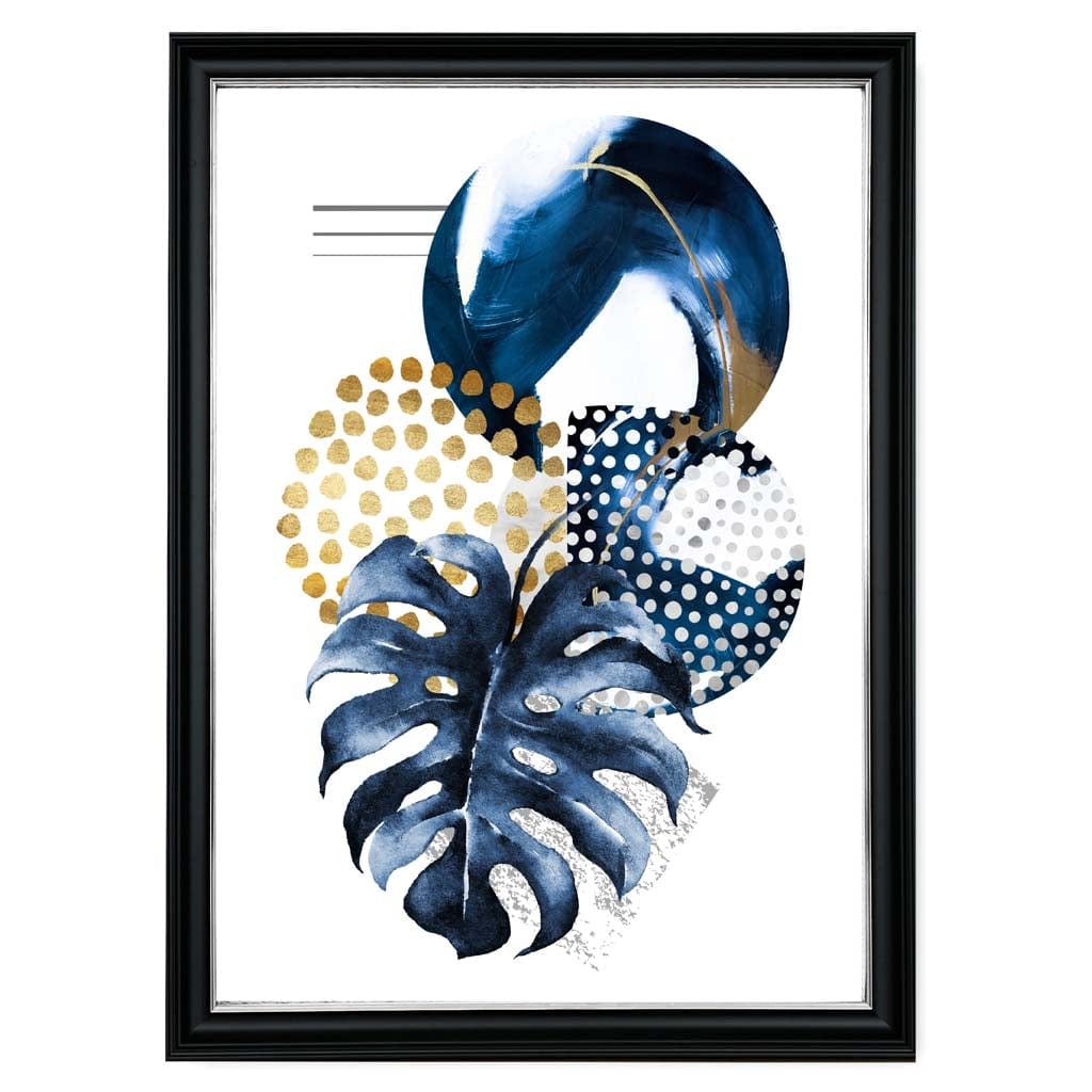 Navy Blue and Gold Abstract Leaf with Geometric Shapes Wall Art Print