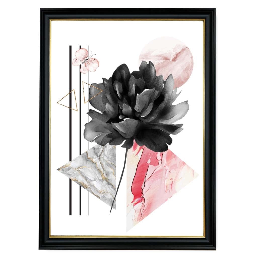 Pink and Black Abstract Flower with Geometric Shapes No 1 Wall Art Print