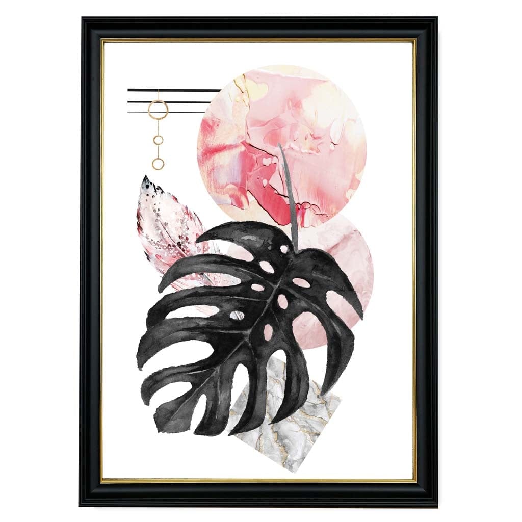 Pink and Black Abstract Leaf with Geometric Shapes Wall Art Print