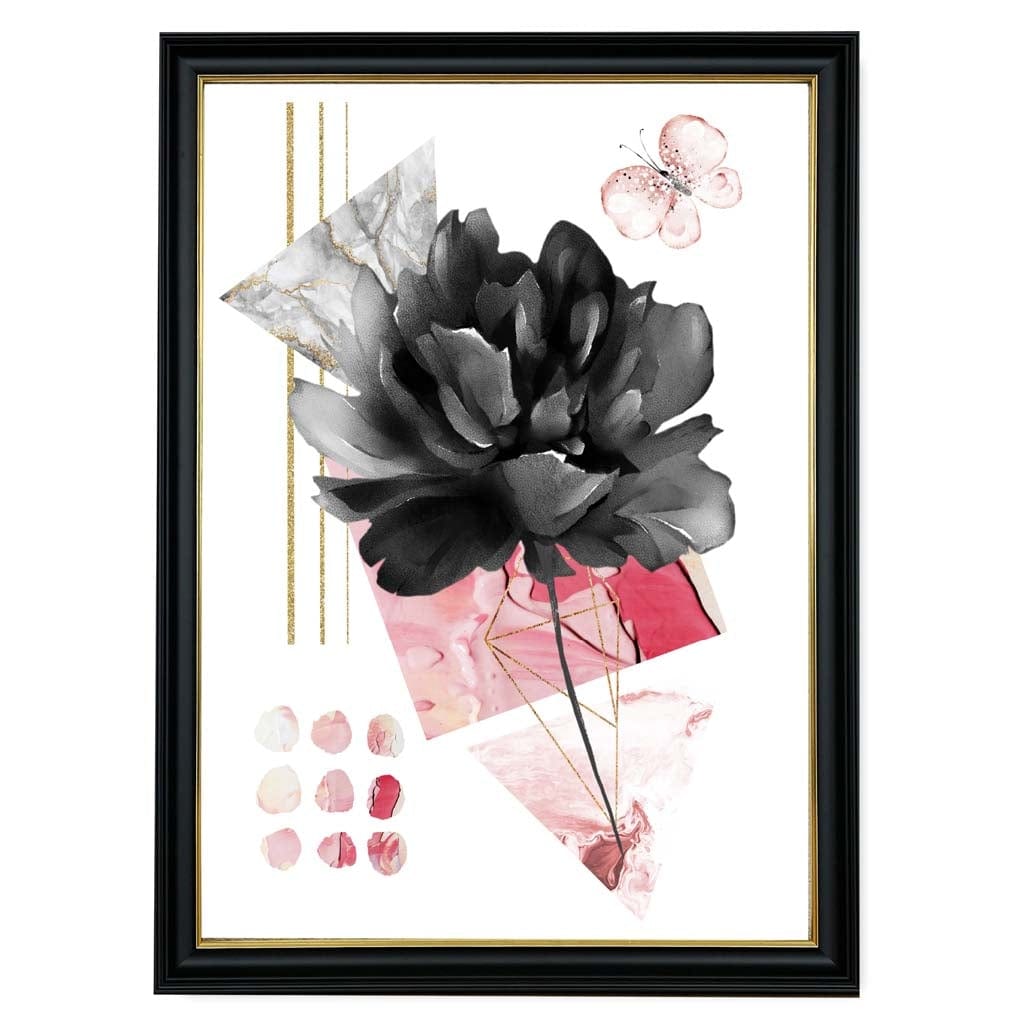 Pink and Black Abstract Flower with Geometric Shapes No 2 Wall Art Print