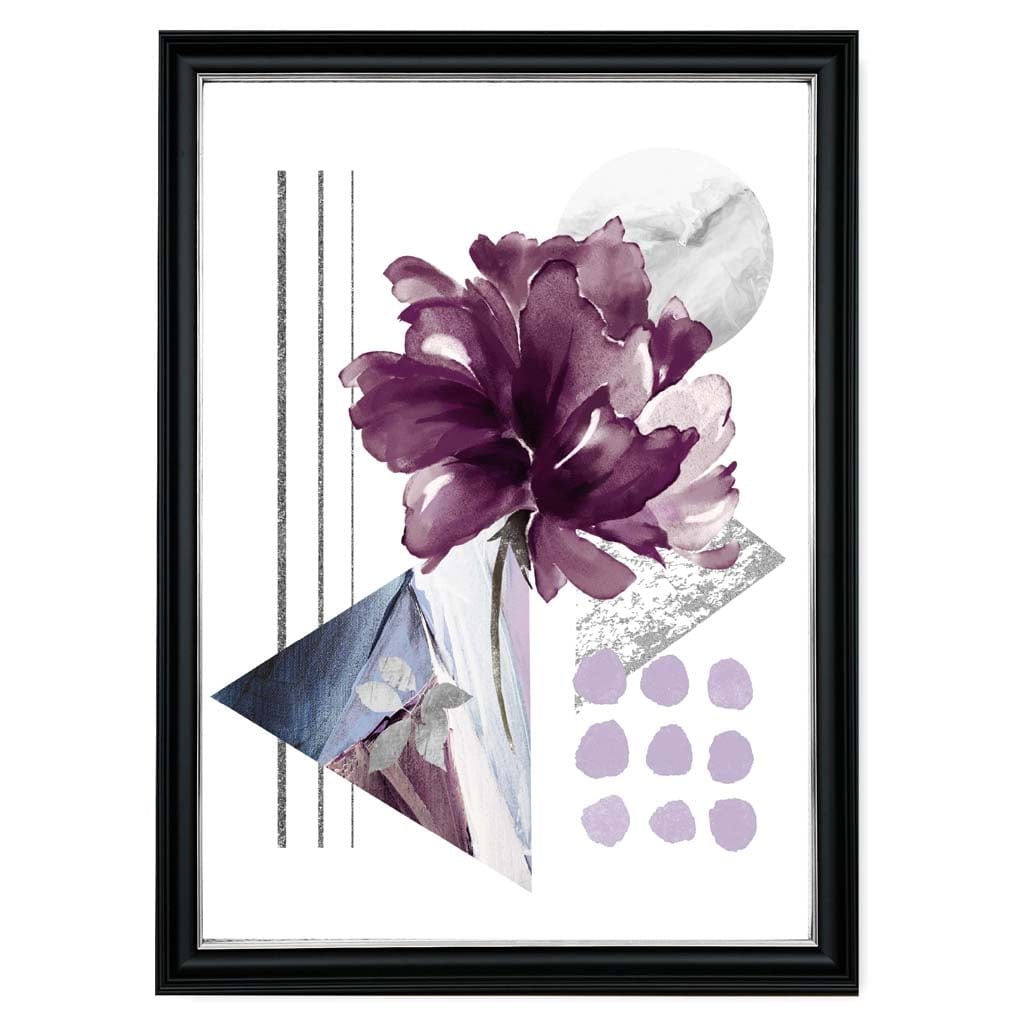 Purple and Silver Grey Abstract Flower with Geometric Shapes No 1 Wall Art Print