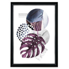 Purple and Silver Grey Abstract Leaf with Geometric Shapes Wall Art Print