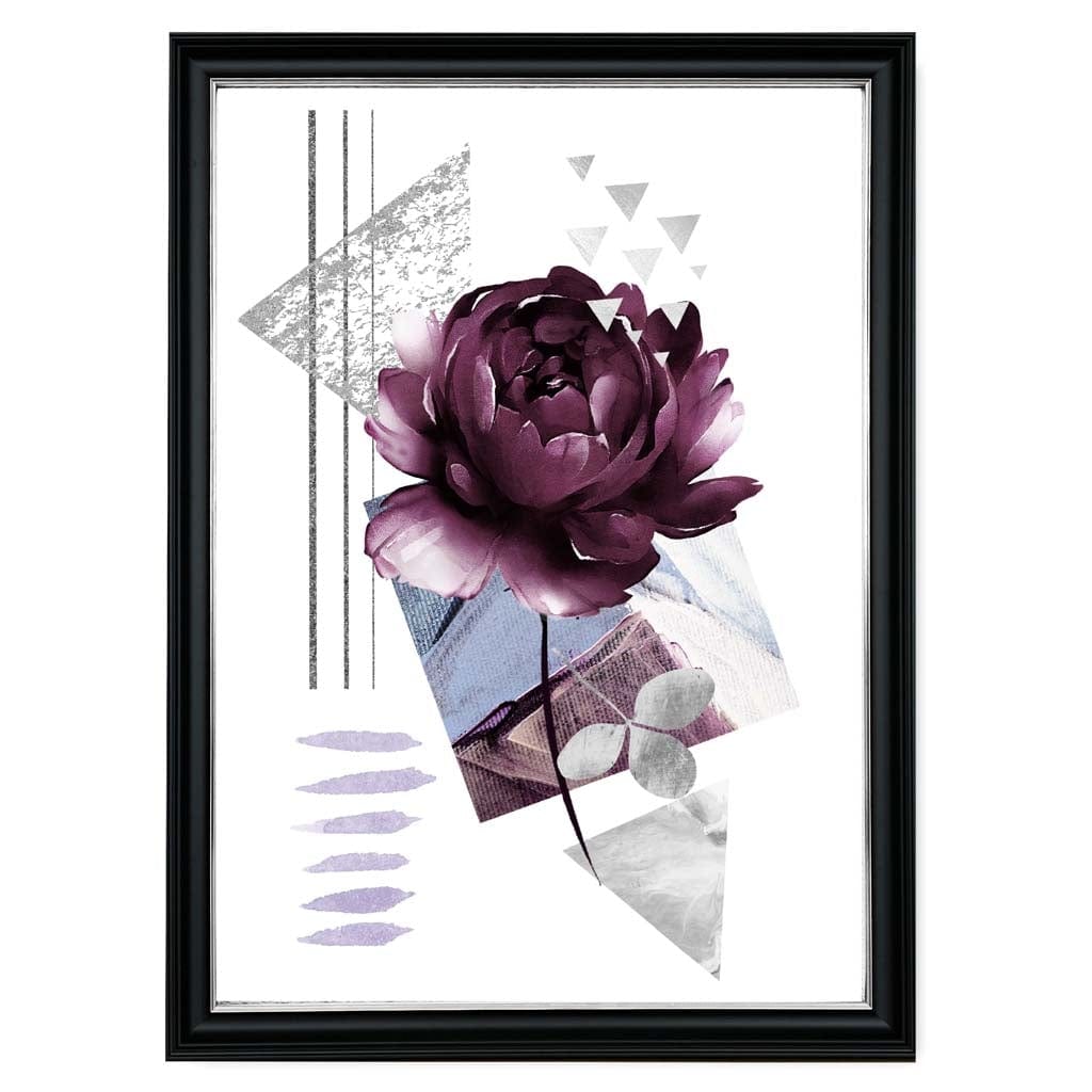 Purple and Silver Grey Abstract Flower with Geometric Shapes No 2 Wall Art Print