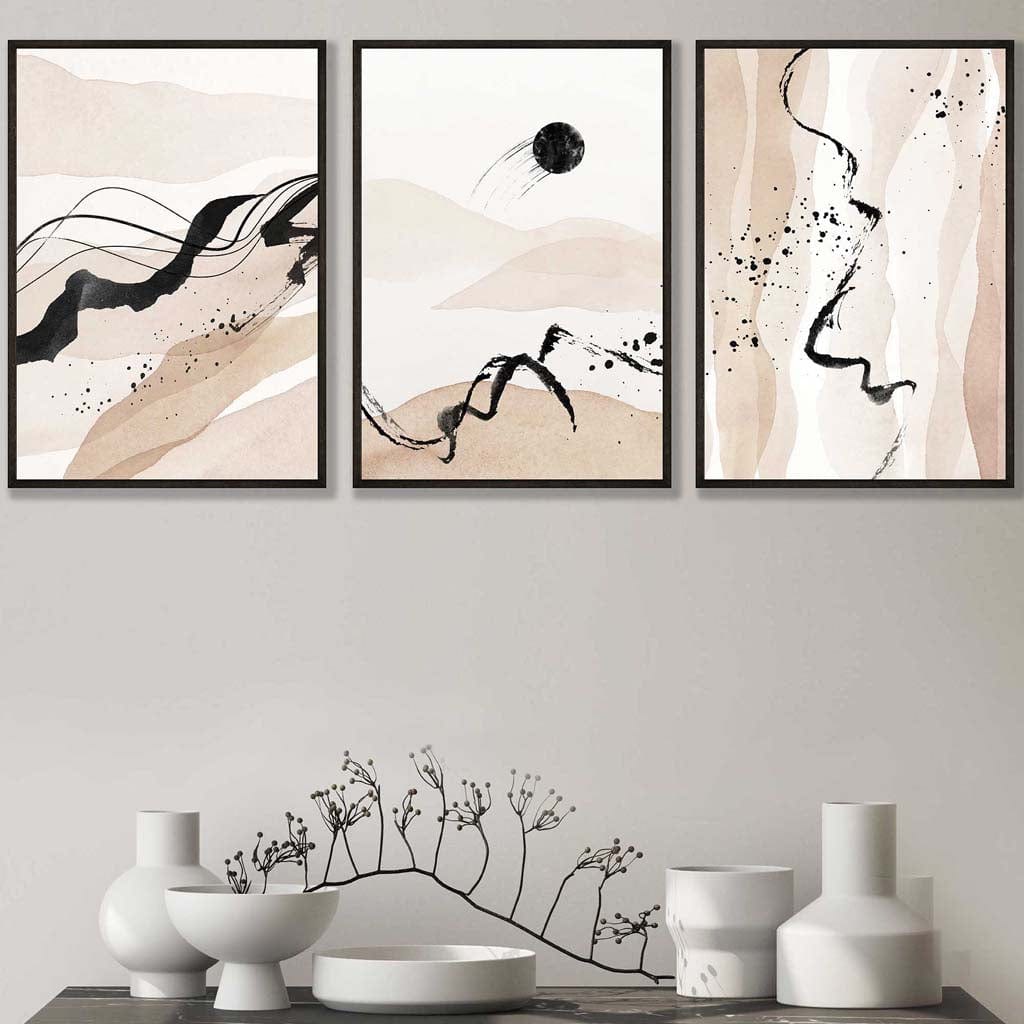Set of 3 Beige and Black Abstract Landscape Wall Art Prints