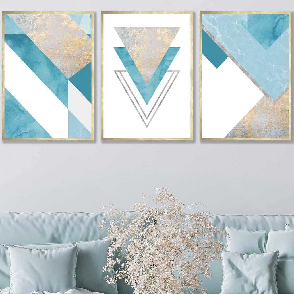 Set of 3 Aqua Blue Abstract Mid Century Geometric Wall Art Prints