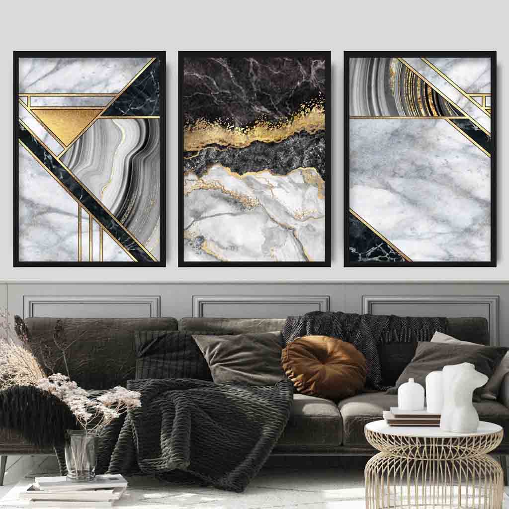 Set of 3 Black Marble and Gold Geometric Wall Art Prints