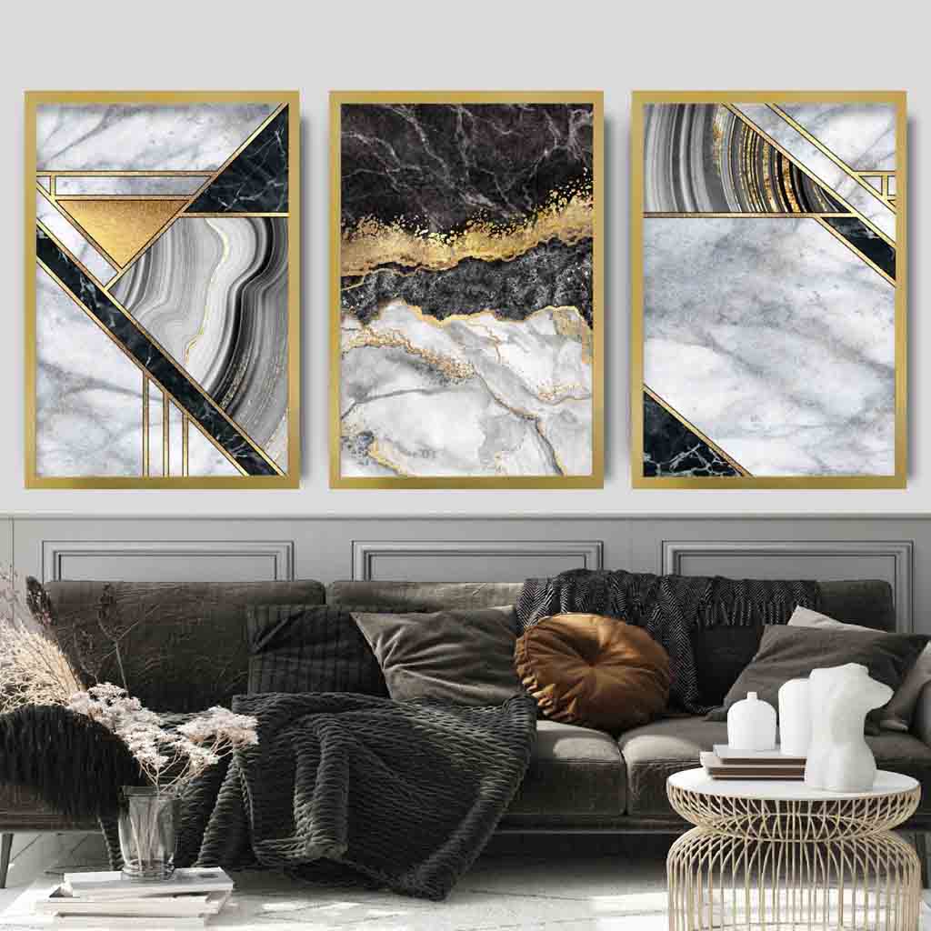 Set of 3 Black Marble and Gold Geometric Wall Art Prints