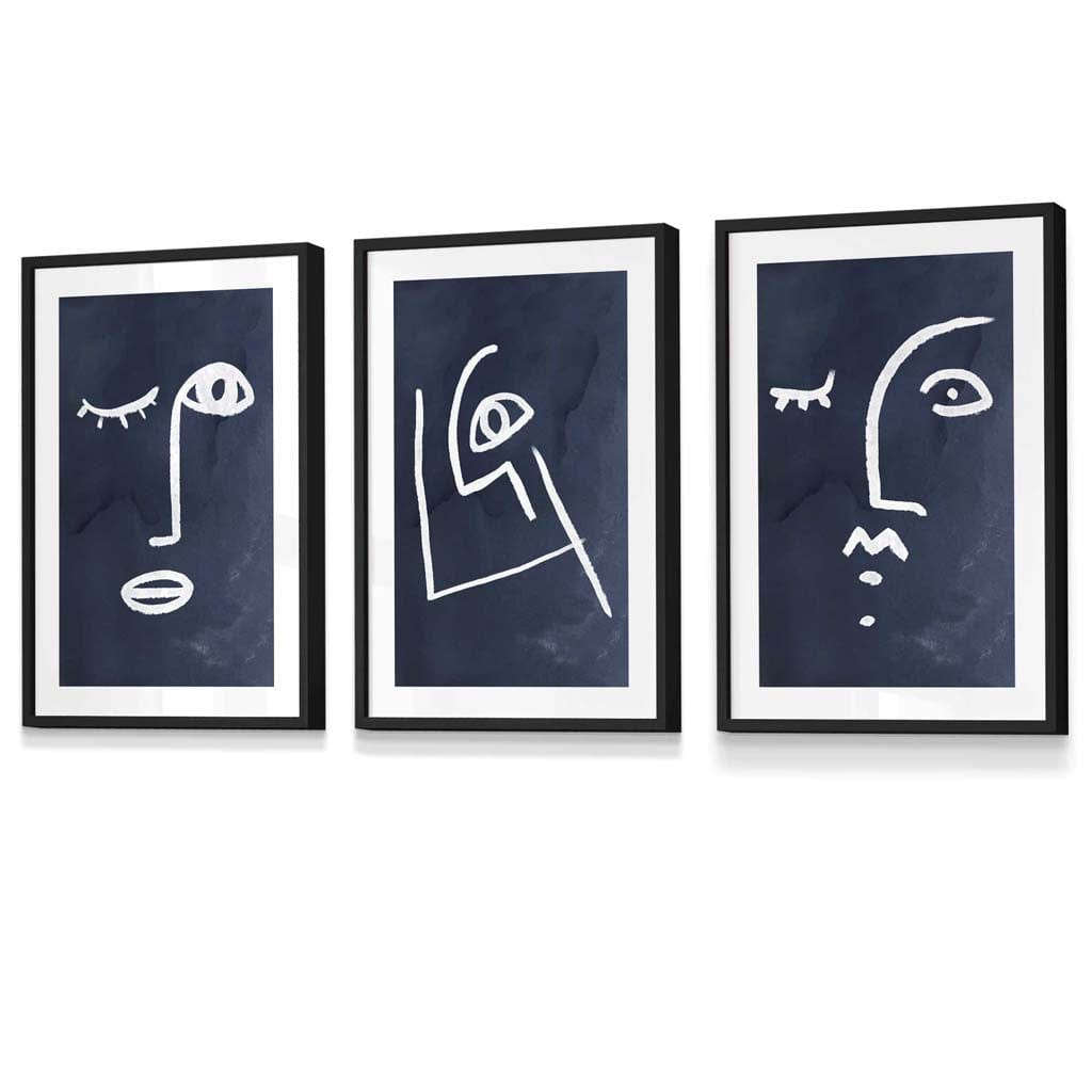 189 Navy and White Abstract Line Art Faces Artze Wall Art