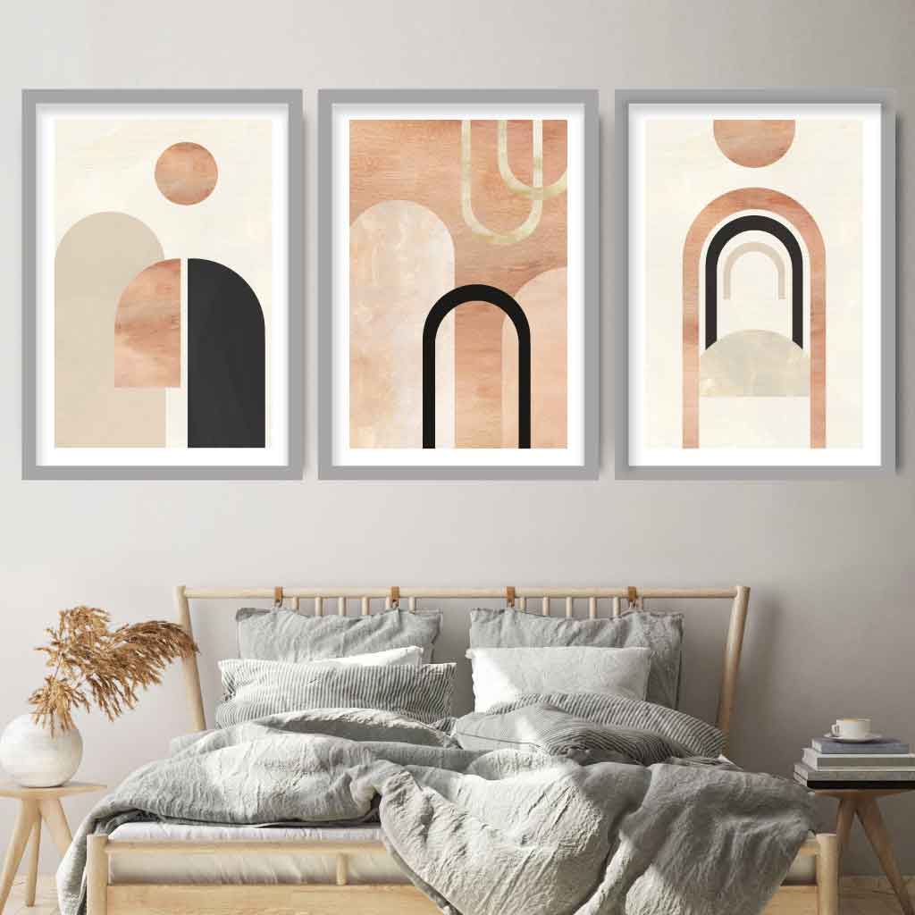 Geometric Graphical Arches Black and Beige Set of 3 Wall Art Prints
