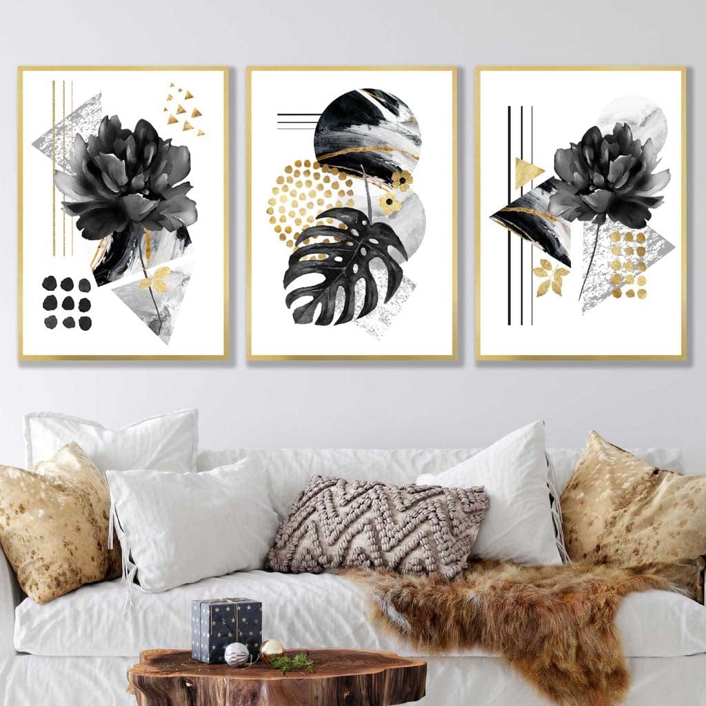 Set of 3 Abstract Black and Gold Botanical Wall Art Prints
