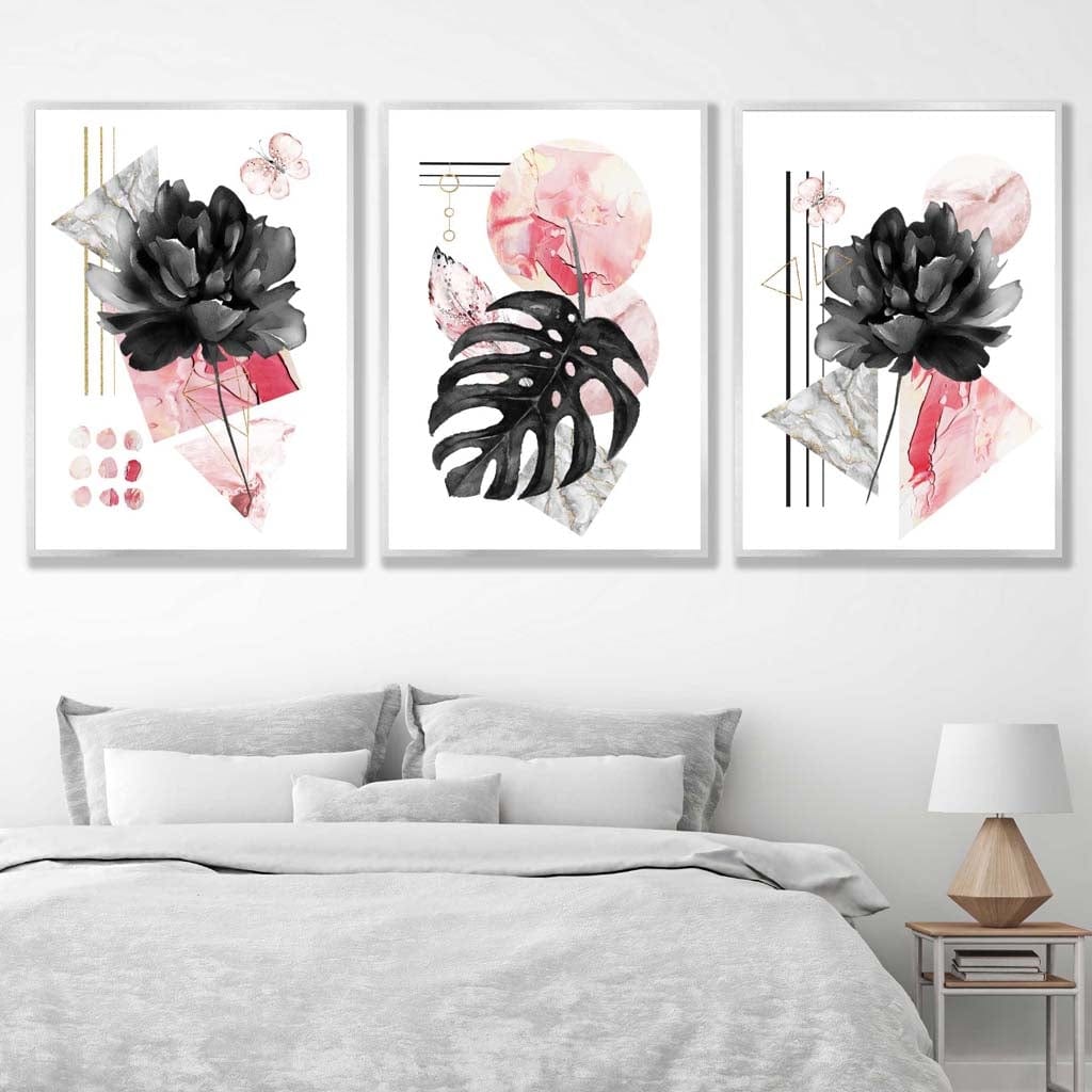 Set of 3 Modern Floral Wall Art Prints Pink & Black
