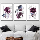 Contemporary Purple and Silver Grey Floral Set of 3 Wall Art Prints
