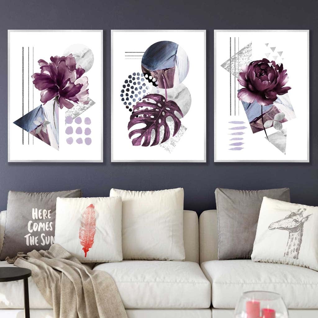 Contemporary Purple and Silver Grey Floral Set of 3 Wall Art Prints