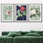 Vintage Flowers Camellia Blue and Green Set of 3 Wall Art Prints