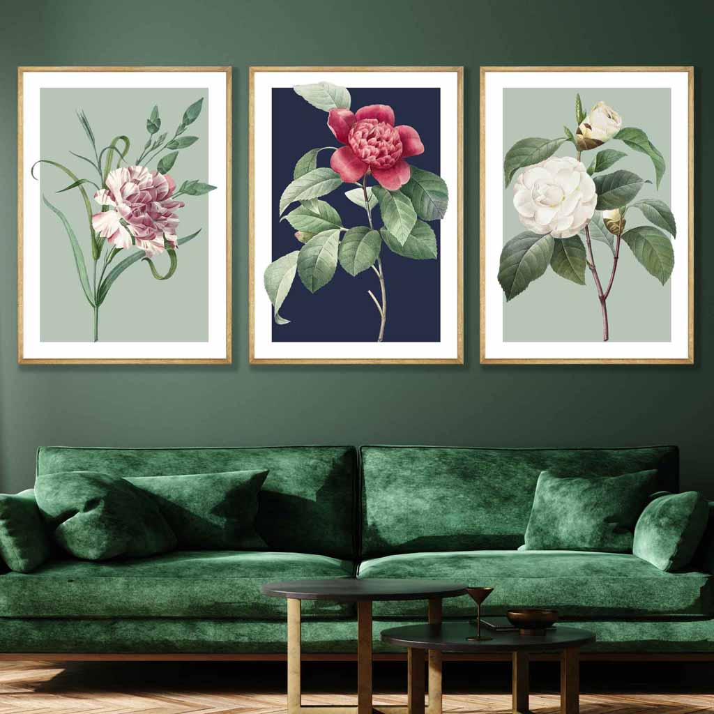 Vintage Flowers Camellia Blue and Green Set of 3 Wall Art Prints