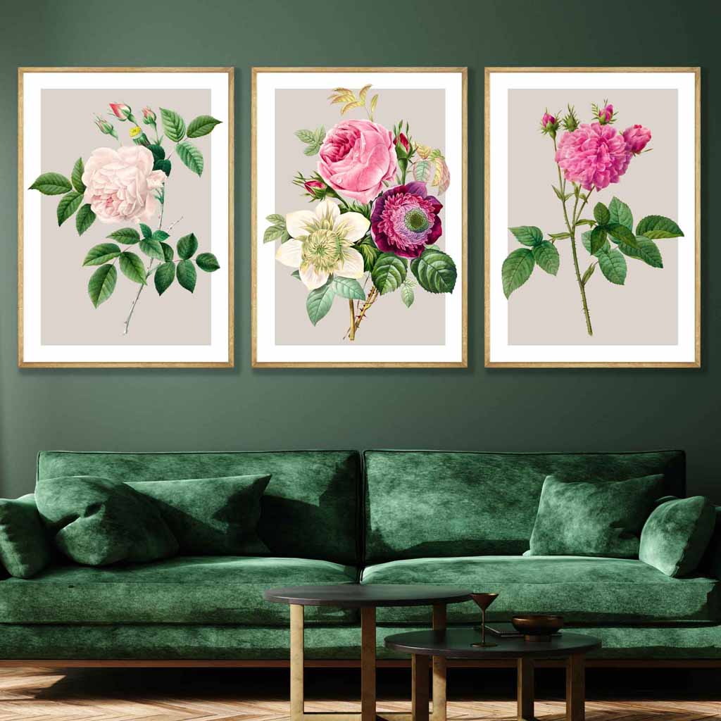 Vintage Pink and White Roses Set of 3 Wall Art Prints