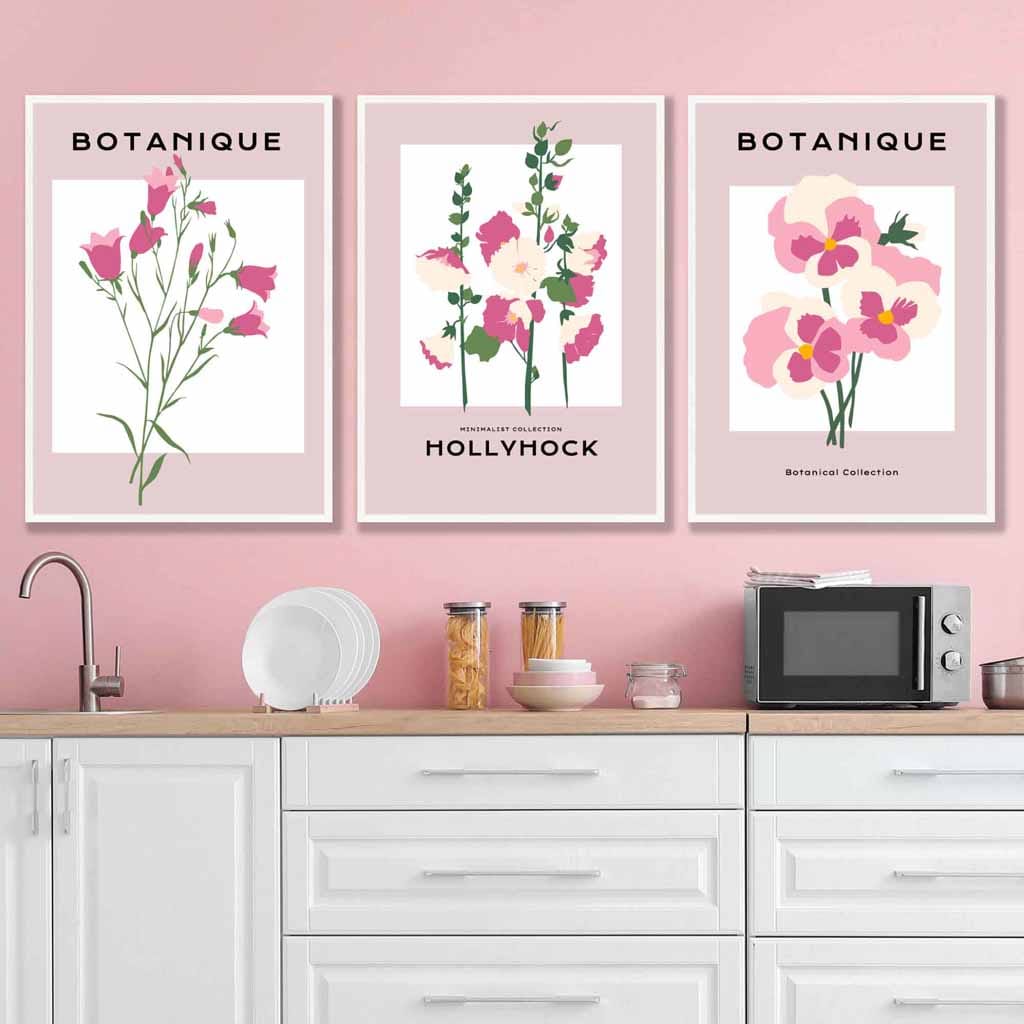 Vintage Graphical Pink Hollyhock Flowers Set of 3 Wall Art Prints