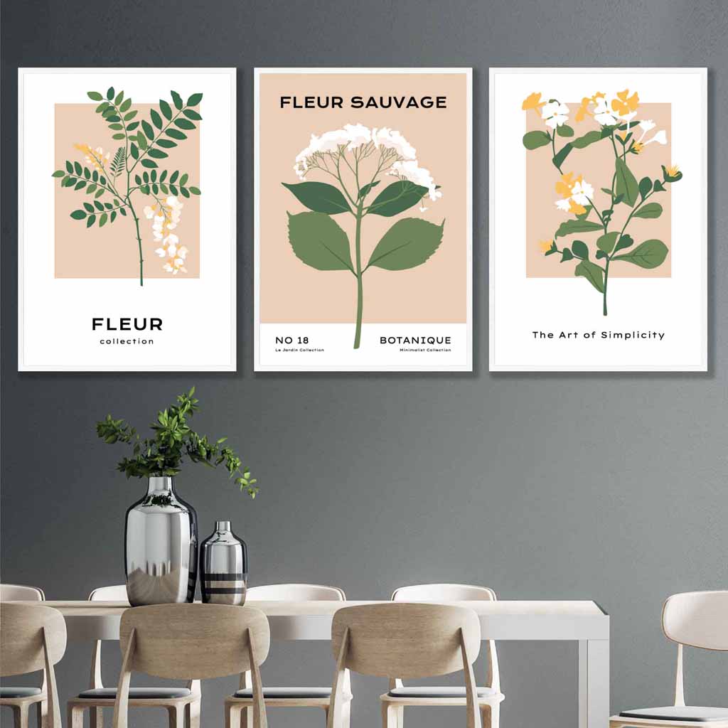 Vintage Graphical Yellow Wild Flowers Set of 3 Wall Art Prints