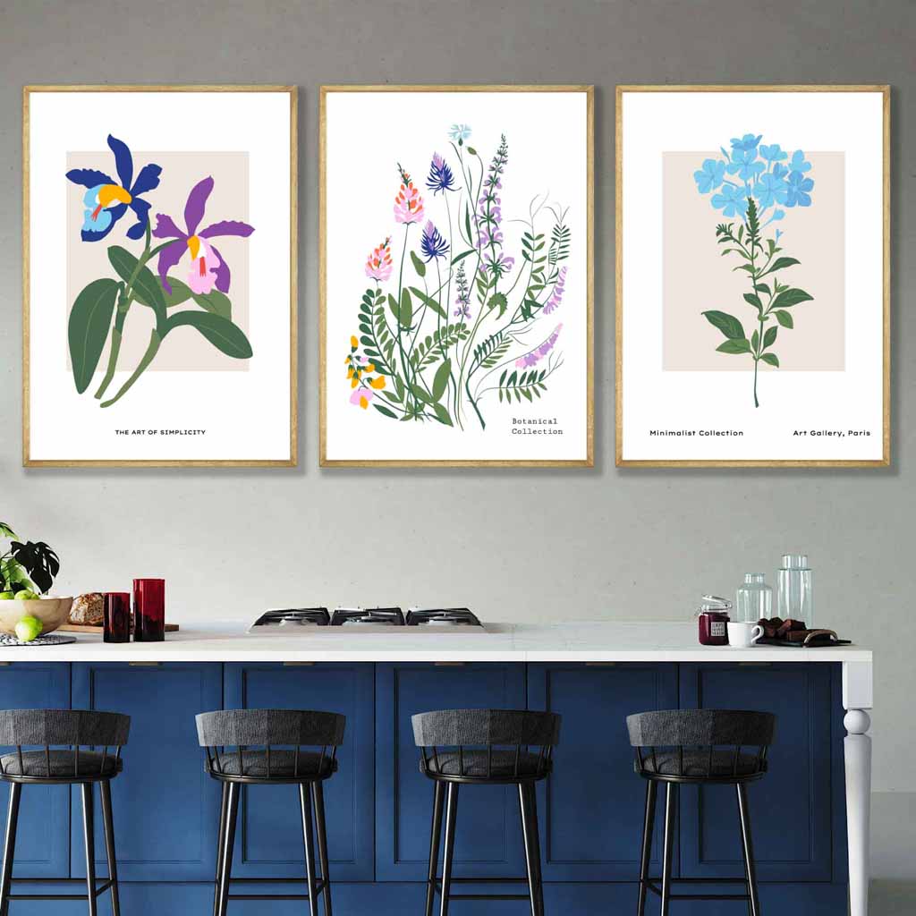 Vintage Graphical Colourful Wild Flowers Set of 3 Wall Art Prints