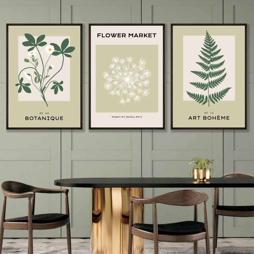 Set of 3 Vintage Graphical Green Botanical Wall Art Prints