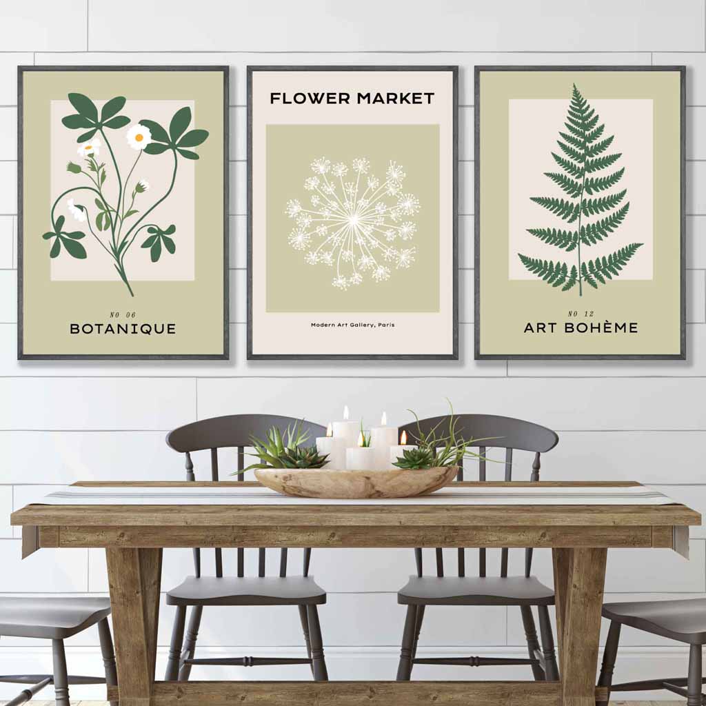 Set of 3 Vintage Graphical Green Botanical Wall Art Prints