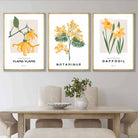 Set of 3 Vintage Graphical Yellow Spring Flowers Wall Art Prints