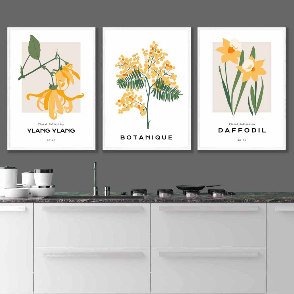 Set of 3 Vintage Graphical Yellow Spring Flowers Wall Art Prints
