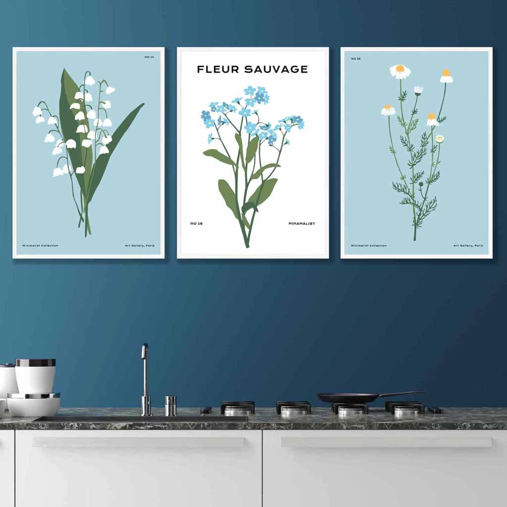 Set of 3 Vintage Graphical Blue Spring Wild Flowers Wall Art Prints
