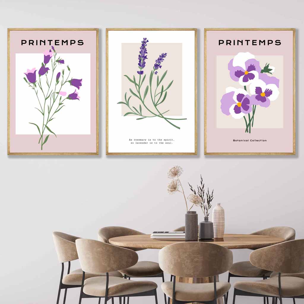 Set of 3 Vintage Graphical Lilac Purple Spring Flower Wall Art Prints