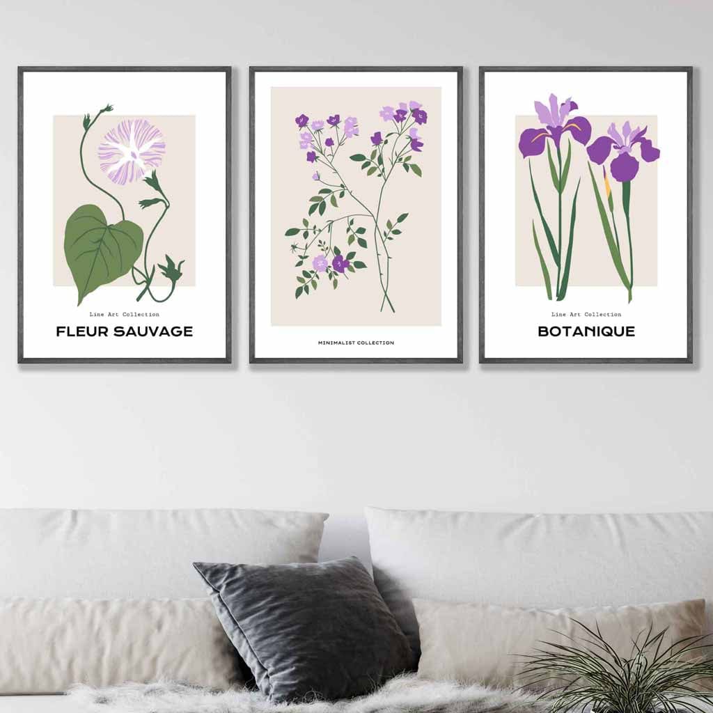 Vintage Graphical Lilac Purple Spring Flower Set of 3 Wall Art Prints