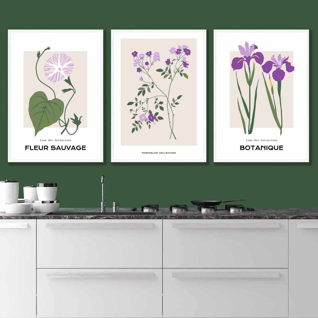 Vintage Graphical Lilac Purple Spring Flower Set of 3 Wall Art Prints
