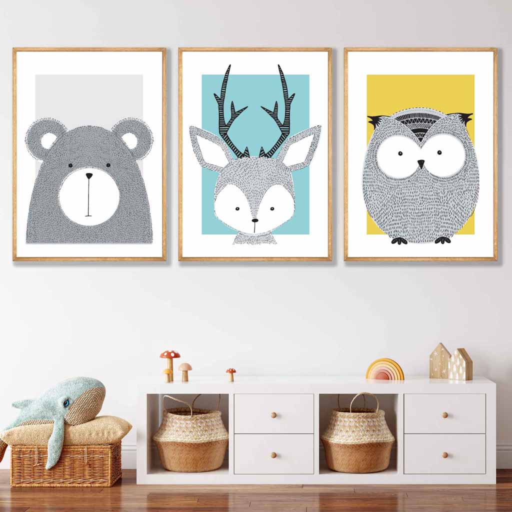 Set of 3 Nursery Prints Scandi Sketch Forest Animals Blue Yellow Grey
