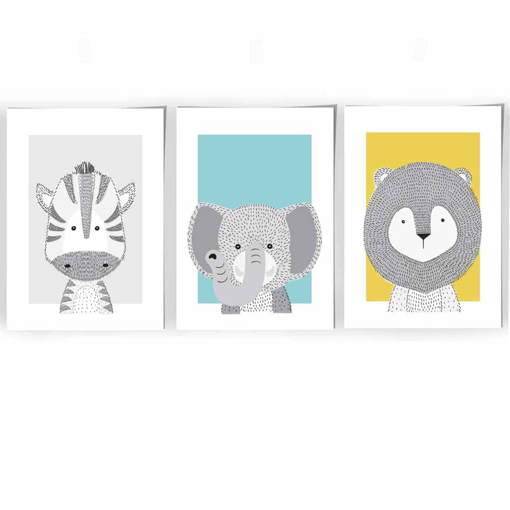 Nursery Set of 3 Scandinavian Prints Sketch Jungle Animals Blue Yellow Grey