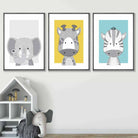 Set of 3 Nursery Scandinavian Prints Sketch Jungle Animals Blue Yellow Grey