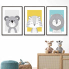 Jungle Animals Nursery Set of 3 Scandinavian Prints Sketch Style Blue Yellow Grey