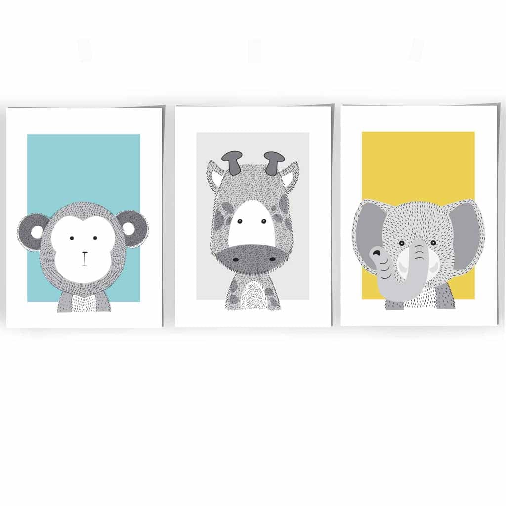 Jungle Animals Nursery Set of 3 Scandinavian Prints Sketch Style Grey Blue Yellow